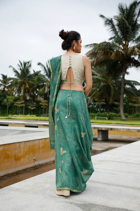 Handwoven Handprinted  Aquamarine Chanderi Saree